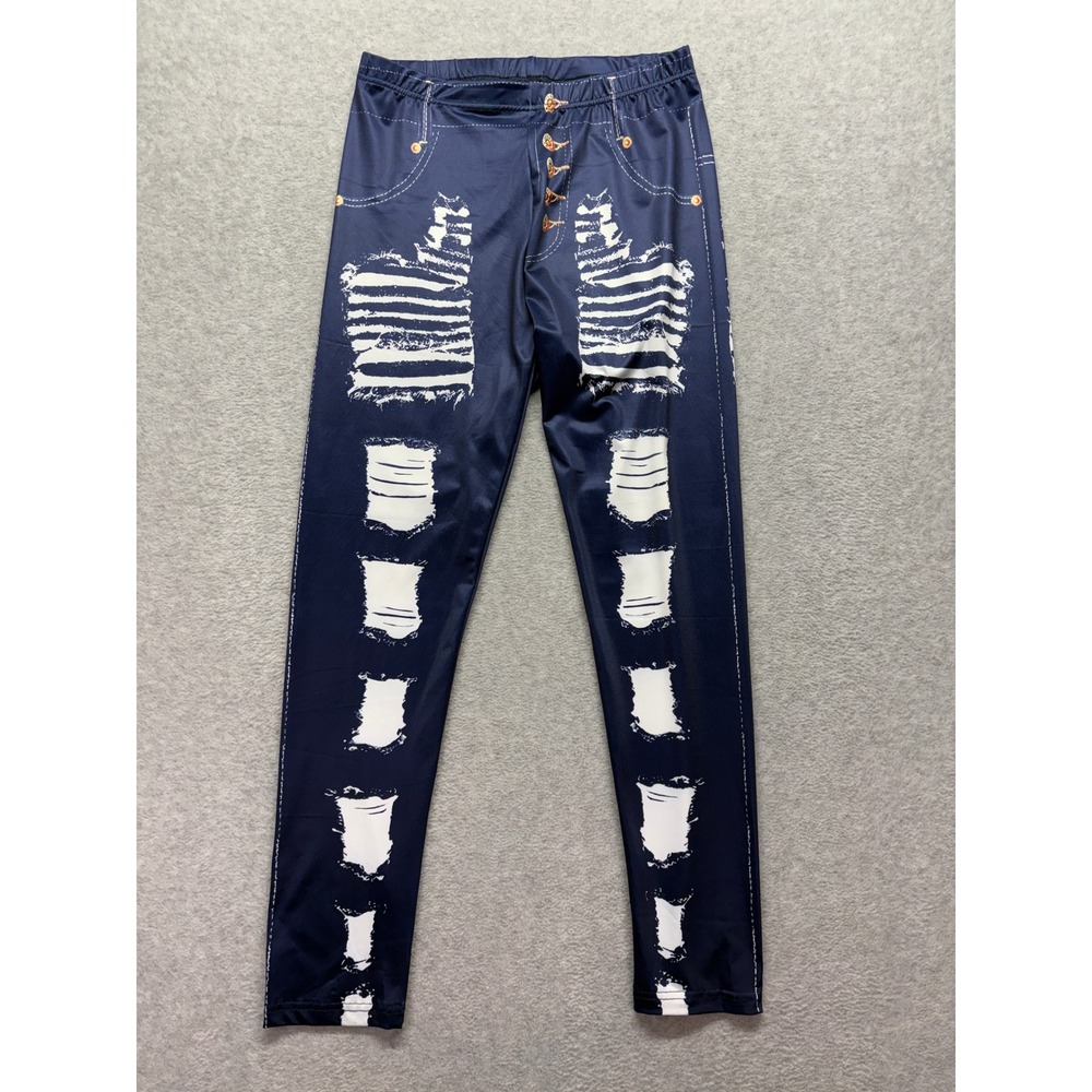 Shein Faux Denim Distressed Print Leggings Navy Blue Stretchy Size L EU 40/42